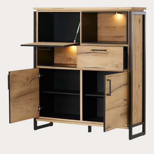 Bufet Cu 3 Usi, 1 Sertar Si 2 Nise Reno, Smoked Oak, Furnir Din Lemn Masiv, 131.5 Cm