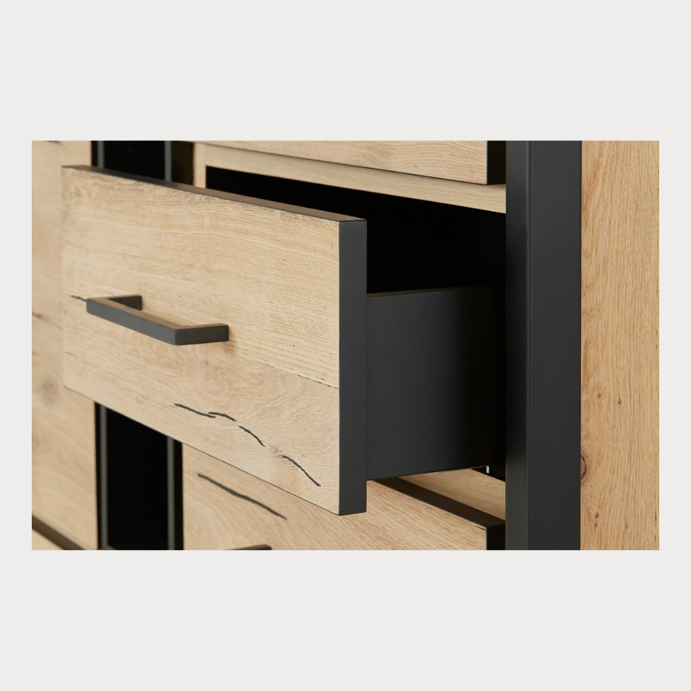 Bufet Cu 2 Usi Si 3 Sertare Reno Smoked Oak, Furnir Din Lemn Masiv, 200 Cm