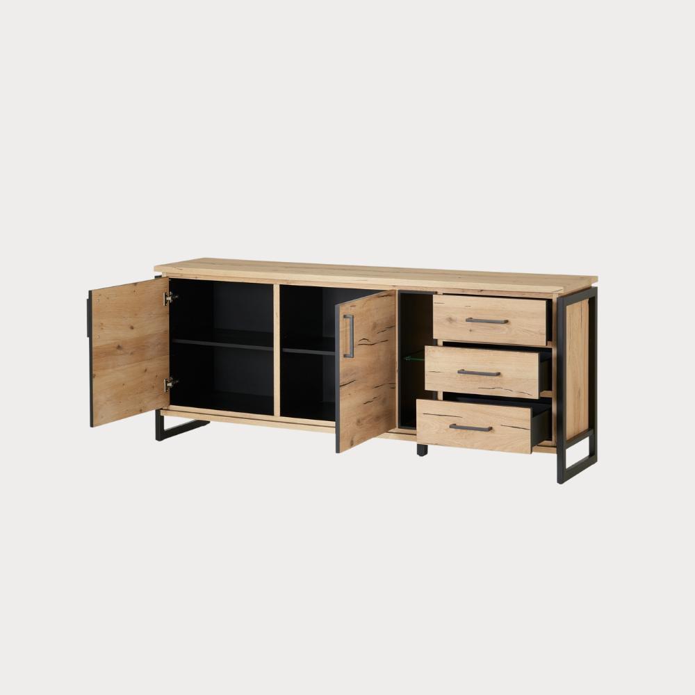 Bufet Cu 2 Usi Si 3 Sertare Reno Smoked Oak, Furnir Din Lemn Masiv, 200 Cm