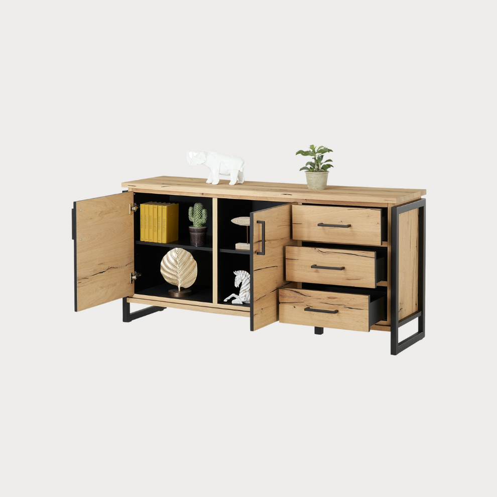 Bufet Cu 2 Usi Si 3 Sertare Reno Smoked Oak, Furnir Din Lemn Masiv, 170 Cm