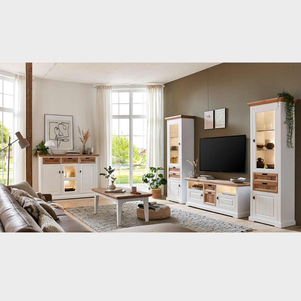 Vitrina Tivoli Dreapta Cu 2 Usi Si 2 Sertare Alb Si Natur, 67.5 Cm