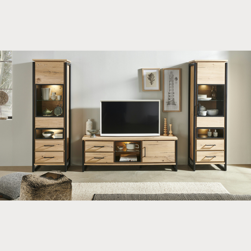 Vitrina Dreapta Reno Cu 1 Usa Si 2 Sertare, Smoked Oak, Furnir Din Lemn Masiv, 60 Cm
