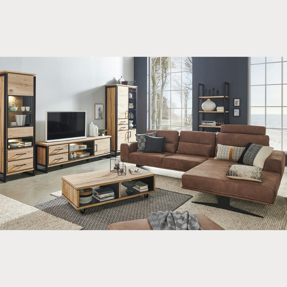 Vitrina Dreapta Reno Cu 1 Usa Si 2 Sertare, Smoked Oak, Furnir Din Lemn Masiv, 60 Cm