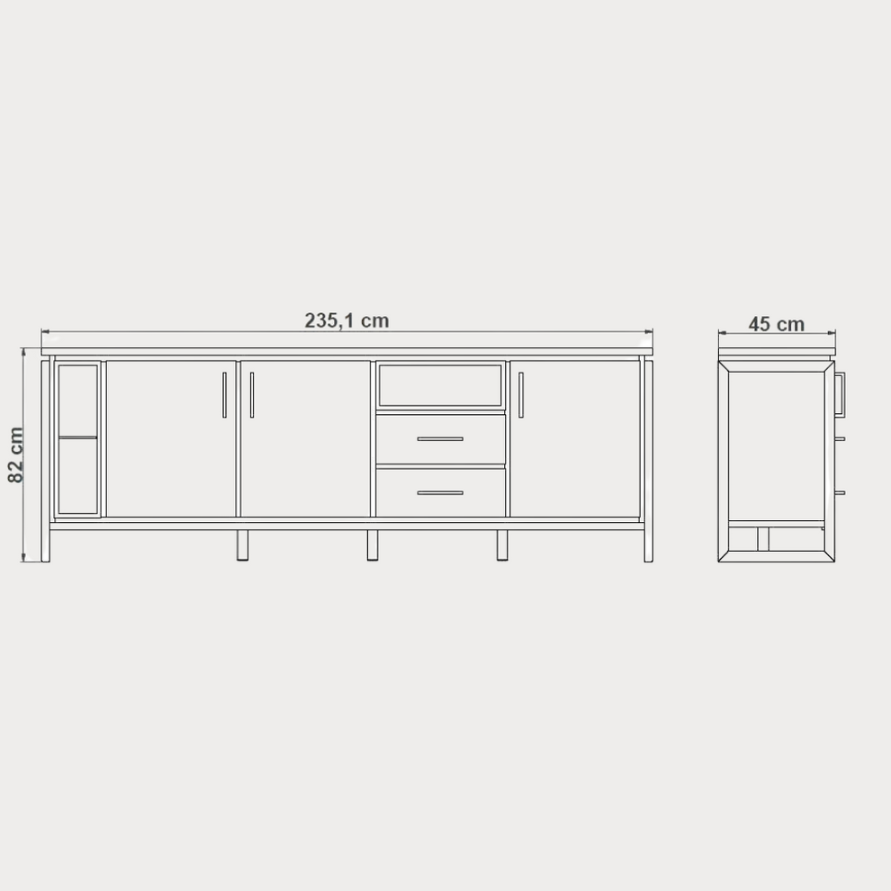 Bufet Reno 235.1x45x82 cm, Furnir Lemn Stejar Afumat si Negru, Mobila Sufragerie, 3 Usi 2 Sertare, Inchidere Silentioasa