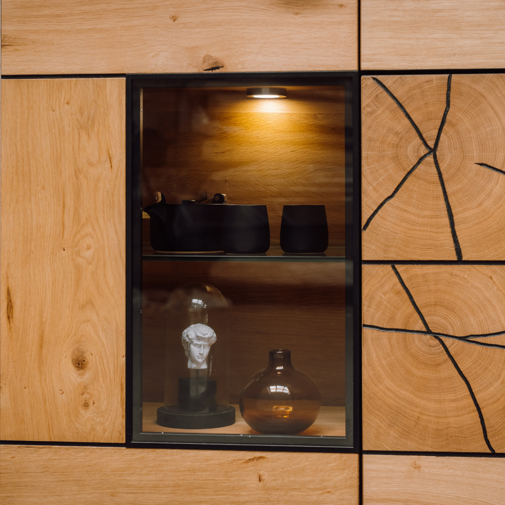 Comoda Bar Dakota Lungime 151.6 cm, Furnir Stejar Salbatic, Living, Decor Usi din Trunchi Natural, Inchidere Silentioasa