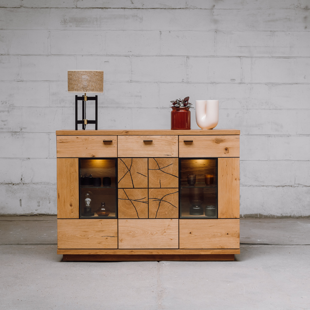 Comoda Bar Dakota Lungime 151.6 cm, Furnir Stejar Salbatic, Living, Decor Usi din Trunchi Natural, Inchidere Silentioasa