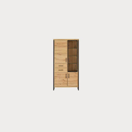Vitrina Cu 3 Usi Si 2 Sertare Reno, Smoked Oak, Furnir Din Lemn Masiv, 100 Cm