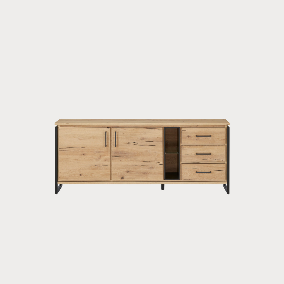 Bufet Cu 2 Usi Si 3 Sertare Reno Smoked Oak, Furnir Din Lemn Masiv, 200 Cm