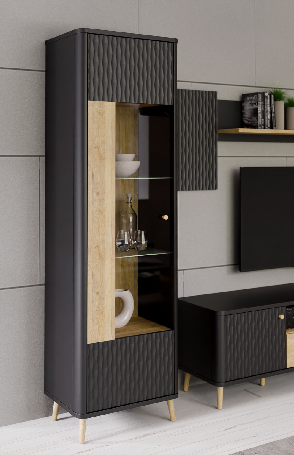 Vitrina Inalta Cu 1 Usa Flexytone, Stejar Mauvella Si Negru Mat, 58.6 Cm
