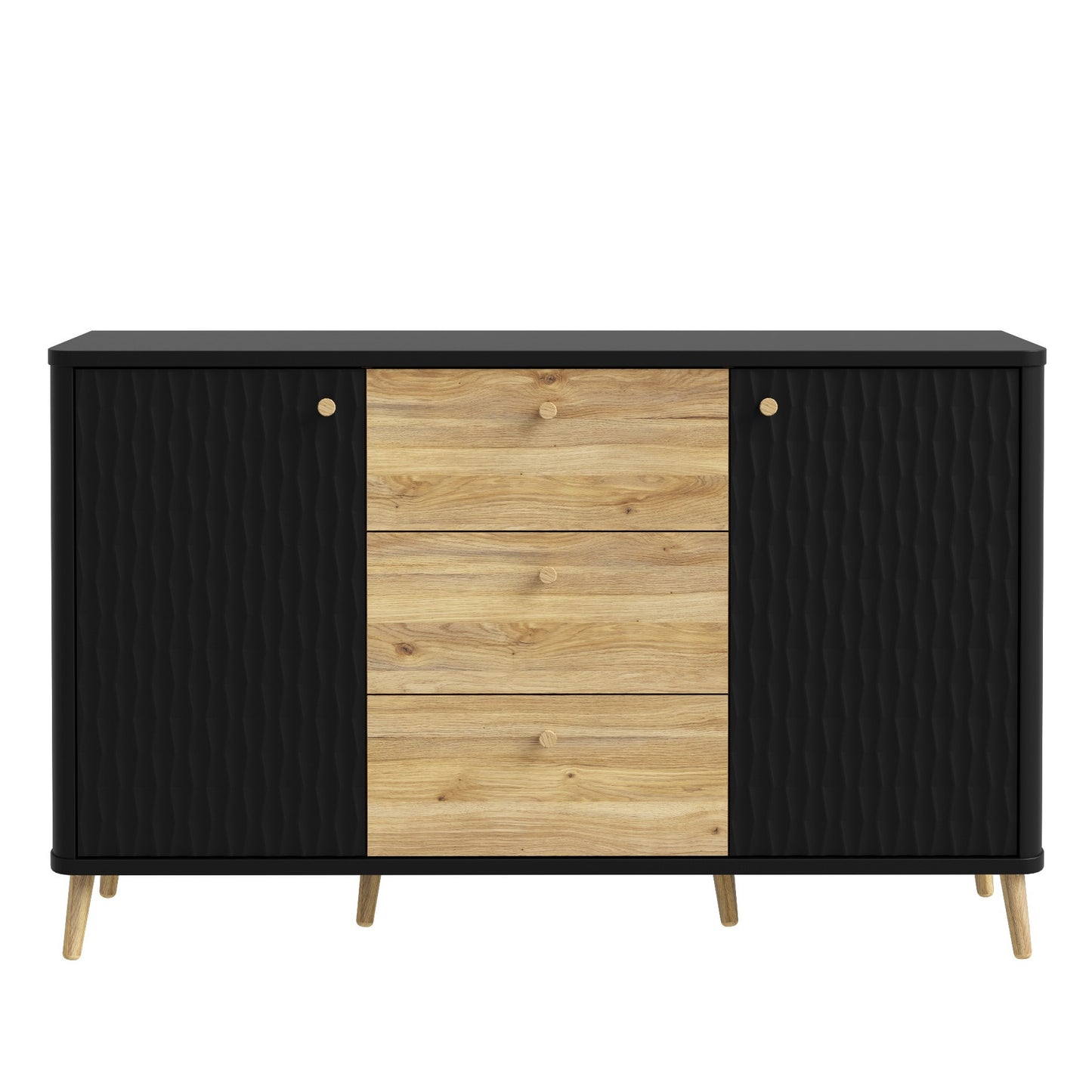 Bufet Cu 2 Usi Si 3 Sertare Flexytone, Stejar Mauvella Si Negru Mat, 138 Cm