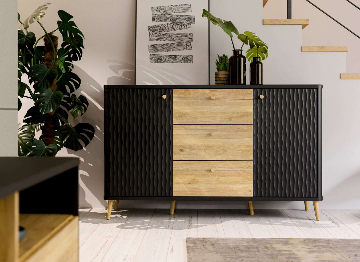 Bufet Cu 2 Usi Si 3 Sertare Flexytone, Stejar Mauvella Si Negru Mat, 138 Cm