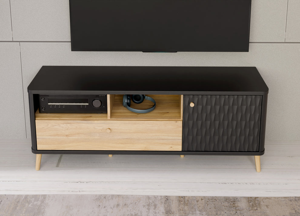 Comoda TV Cu 1 Usa Si 1 Sertar Flexytone, Stejar Mauvella Si Negru Mat, 138.3 Cm