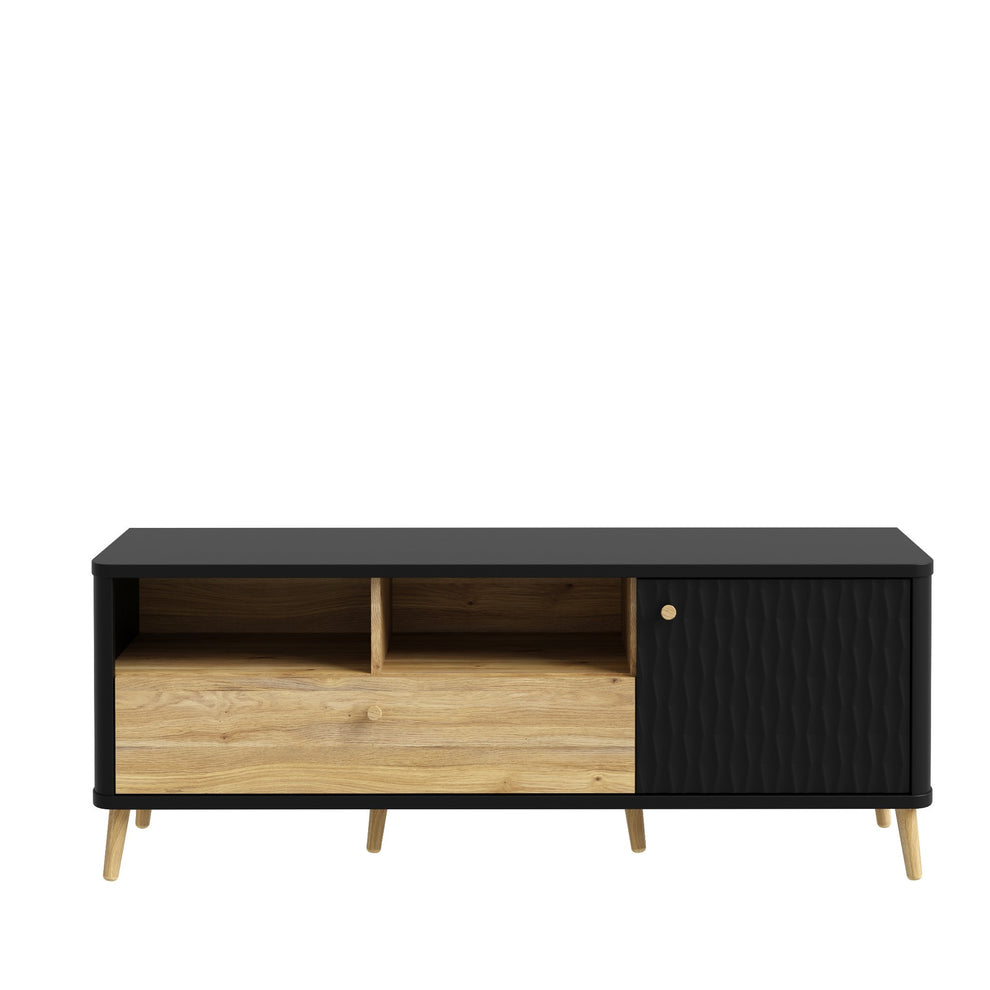 Comoda TV Cu 1 Usa Si 1 Sertar Flexytone, Stejar Mauvella Si Negru Mat, 138.3 Cm