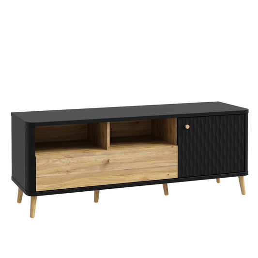 Comoda TV Cu 1 Usa Si 1 Sertar Flexytone, Stejar Mauvella Si Negru Mat, 138.3 Cm