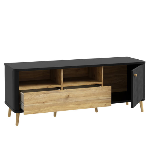 Comoda TV Cu 1 Usa Si 1 Sertar Flexytone, Stejar Mauvella Si Negru Mat, 138.3 Cm