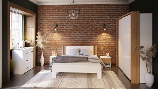 Set Dormitor Winterplay, Pat Cu dimensiunea Saltea 160 x 200 Cm, Dulap Si 2 Noptiere, Stejar Riviera Cu Alb Super Lucios