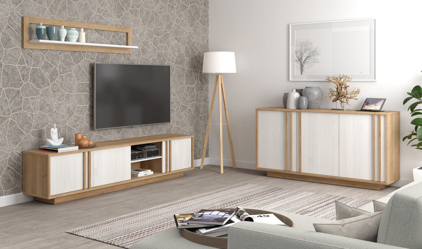 Comoda TV Santo Stejar Riviera Cu Stejar Alb, 222 Cm