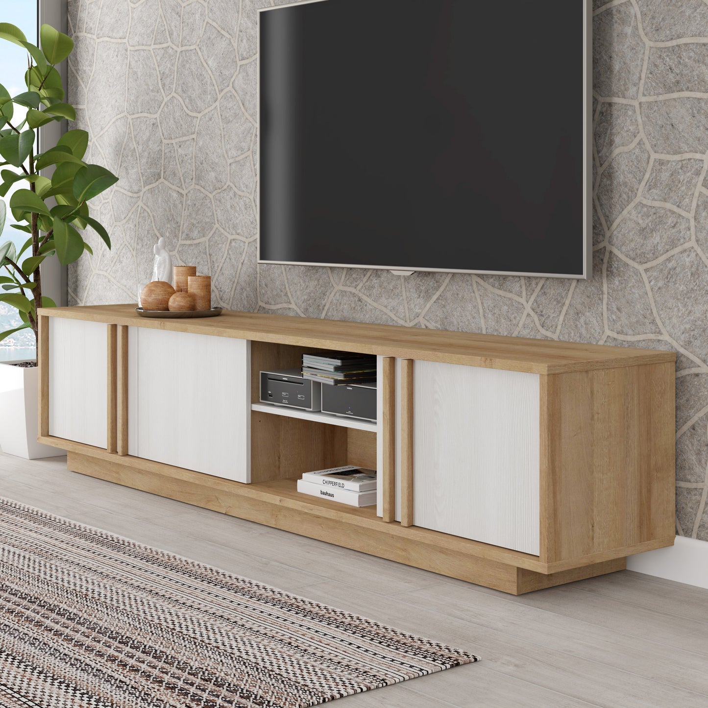 Set Living Santo Compus Din Comoda TV Si Panou Perete, Stejar Riviera Cu Stejar Alb, 222 Cm