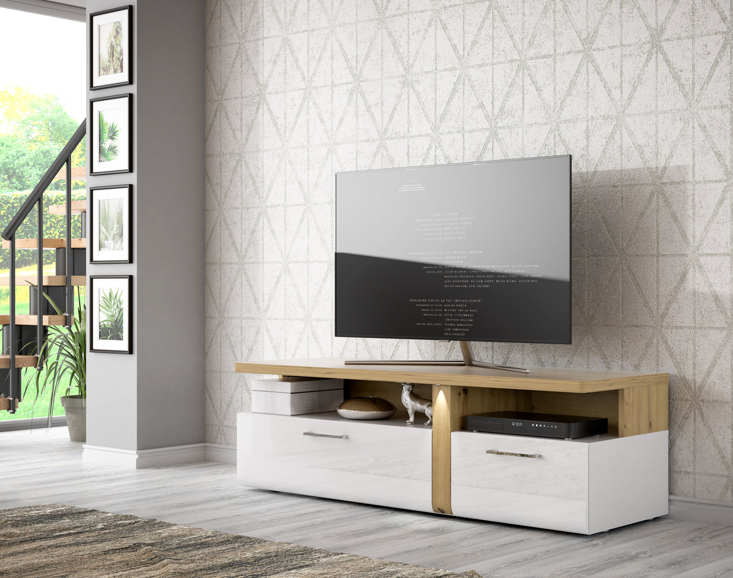 Comoda TV Tuluza, Stejar Artisan Si Alb Lucios, 163.2 Cm