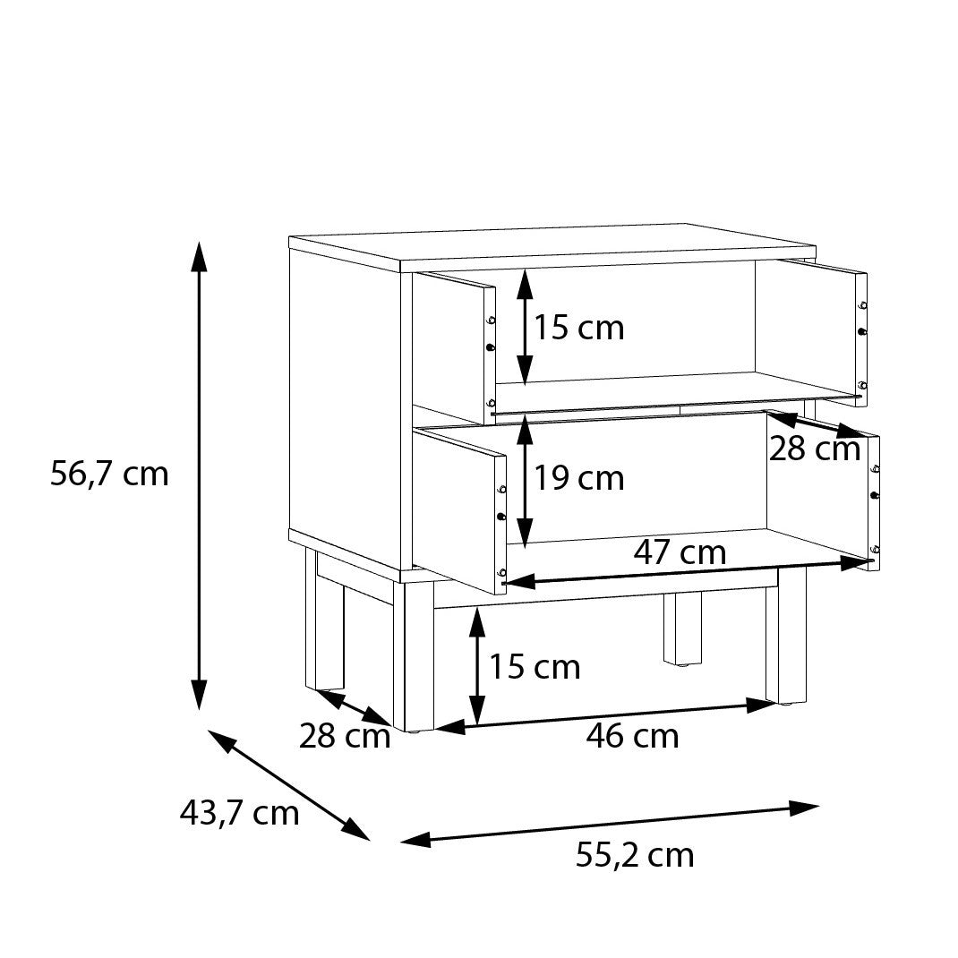 Noptiera Cu 2 Sertare Pickadilly, Gri Deschis Si Stejar Pamantiu, 55.2 Cm