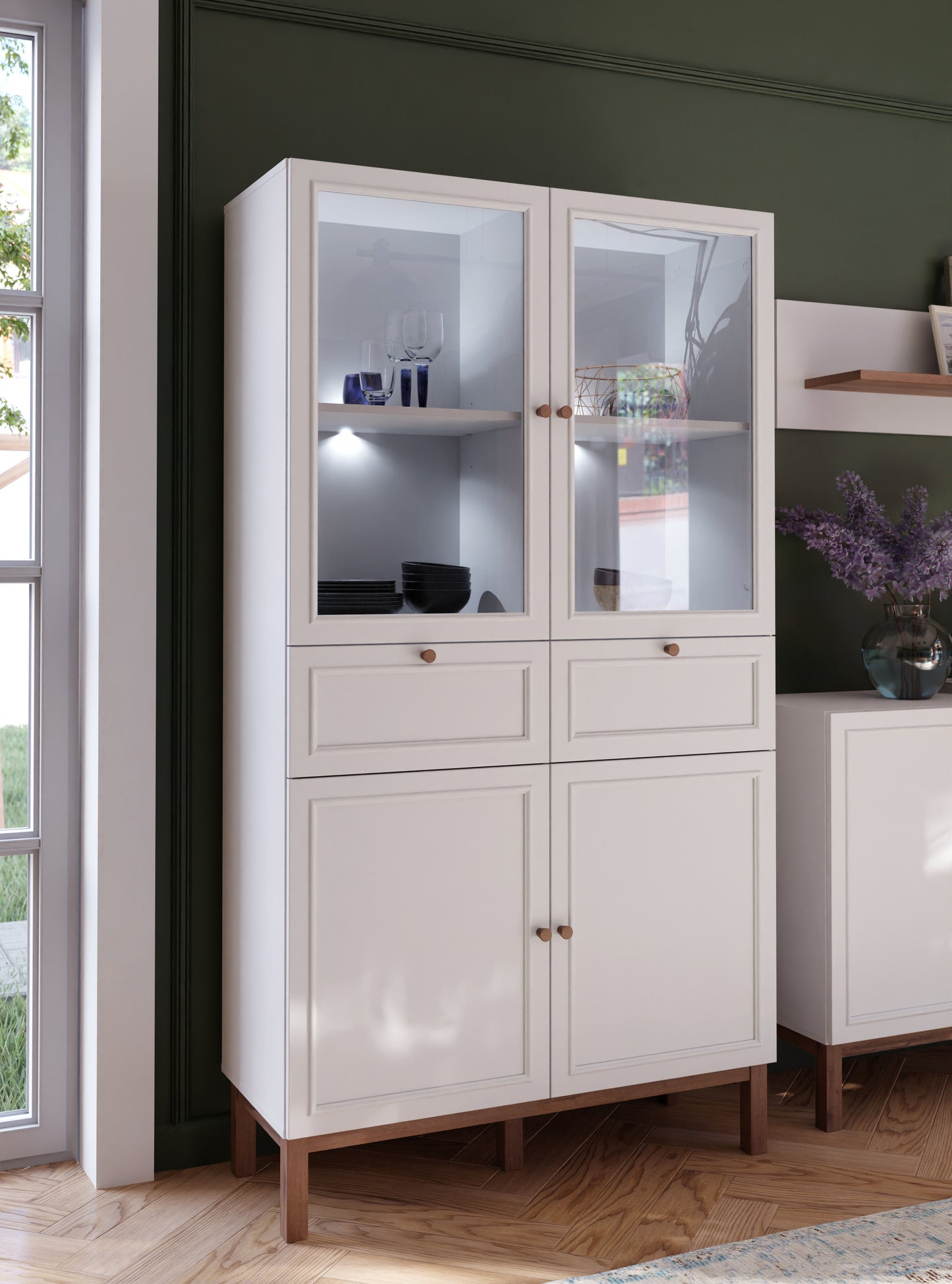 Vitrina 4 Usi Si 2 Sertare Pickadilly, Gri Deschis Si Stejar Pamantiu, 99.9 Cm