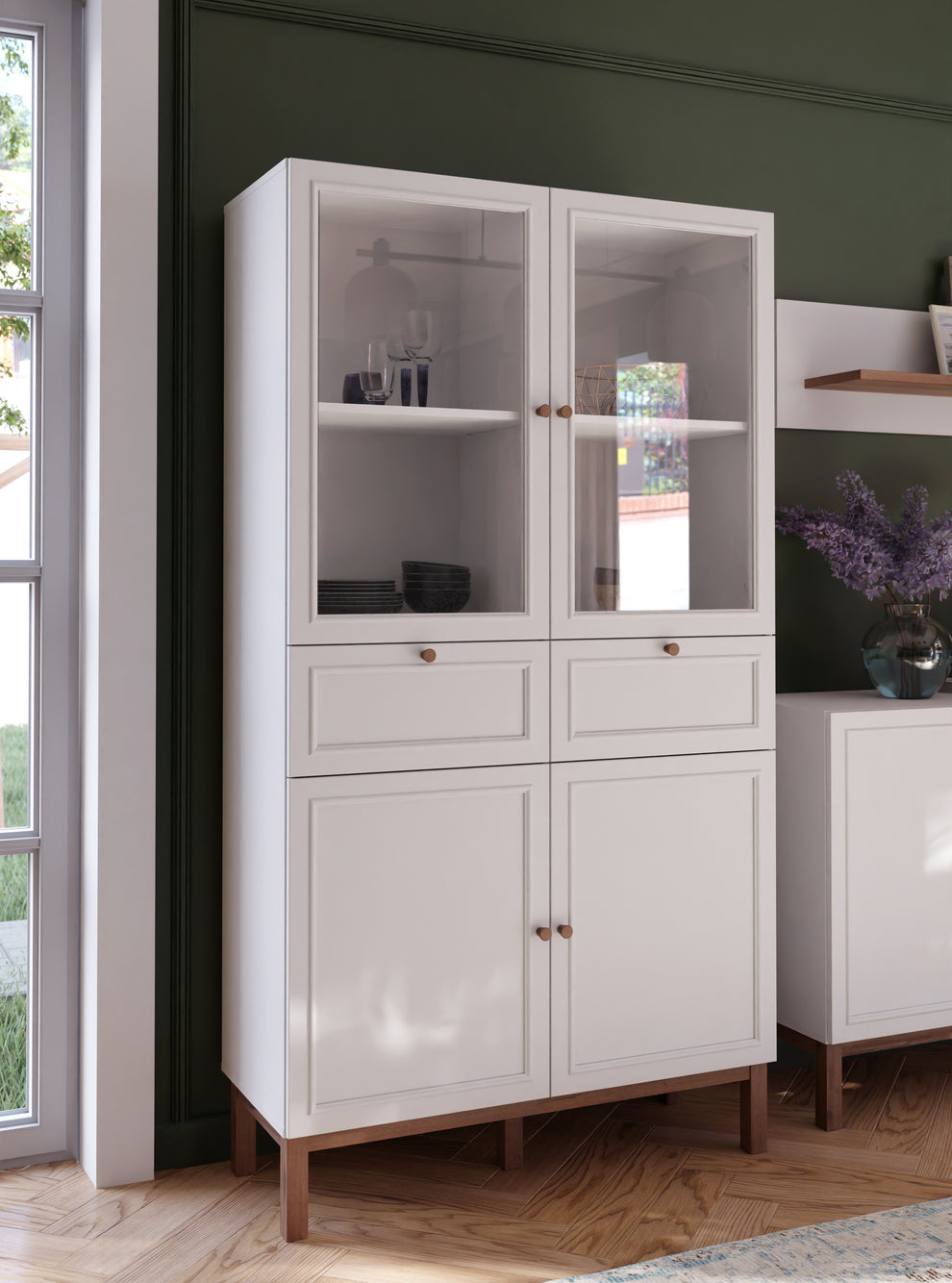 Vitrina 4 Usi Si 2 Sertare Pickadilly, Gri Deschis Si Stejar Pamantiu, 99.9 Cm