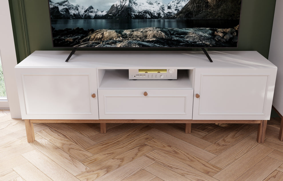 Comoda TV 1 Sertar Si 2 Usi Pickadilly, Gri Deschis Si Stejar Pamantiu, 159.6 Cm