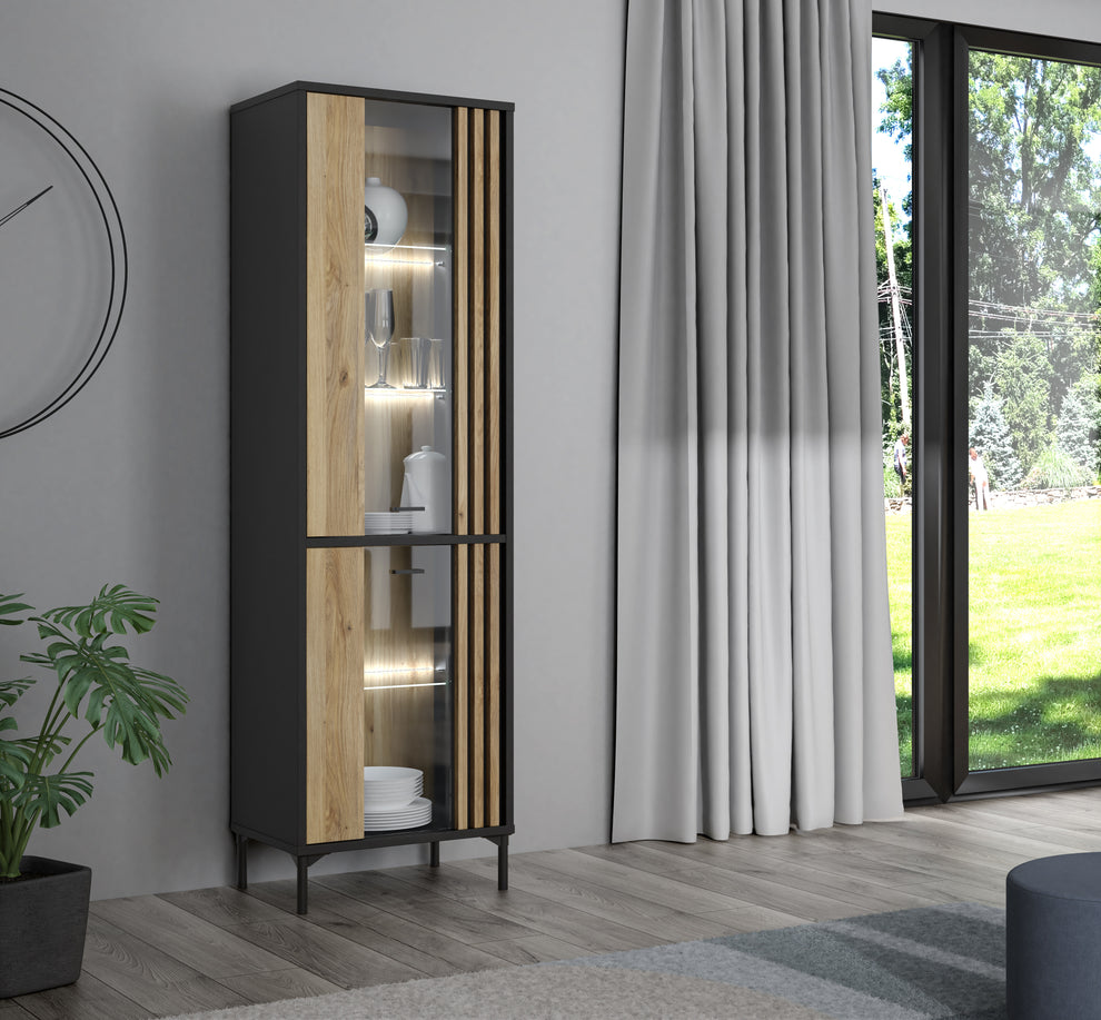 Vitrina Inalta Jeremix, Stejar Mauvella Si Negru Mat, 59 Cm