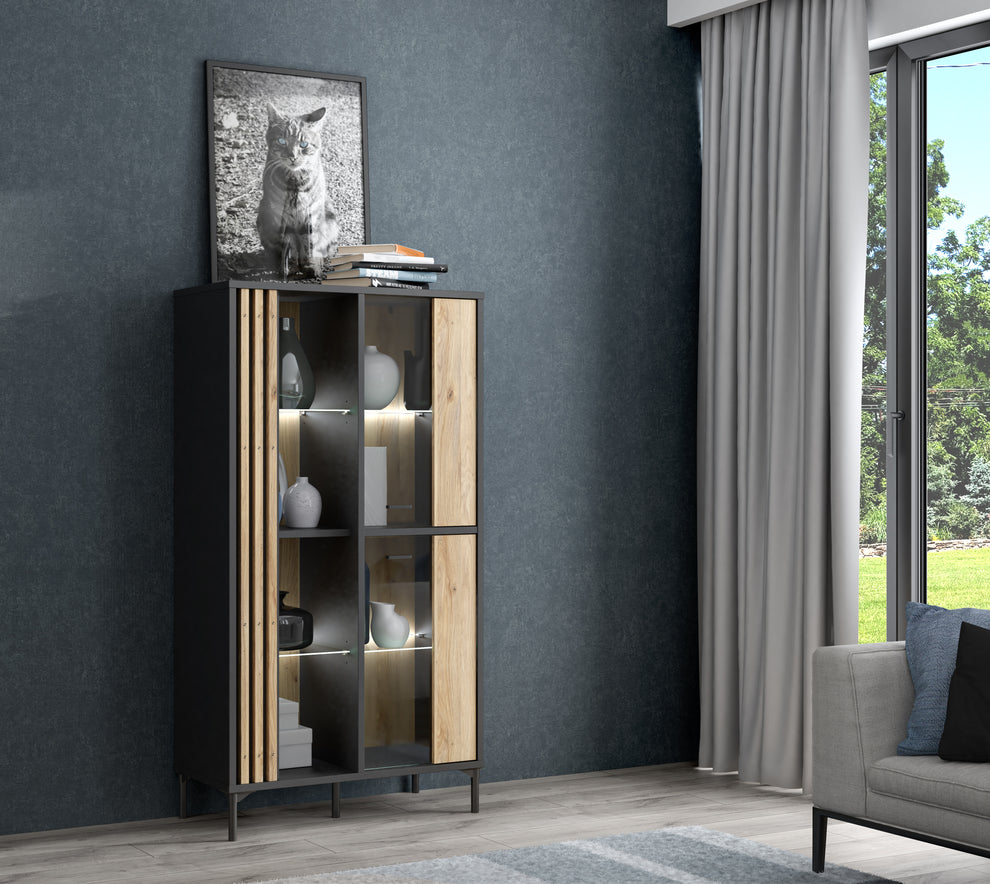Vitrina Joasa Cu 2 Usi Jeremix, Stejar Mauvella Si Negru Mat, 87 Cm