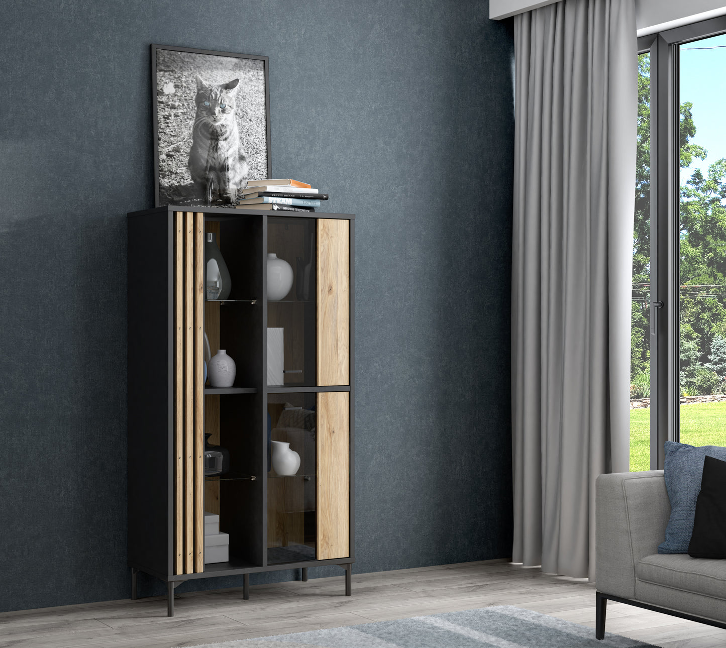 Vitrina Joasa Cu 2 Usi Jeremix, Stejar Mauvella Si Negru Mat, 87 Cm
