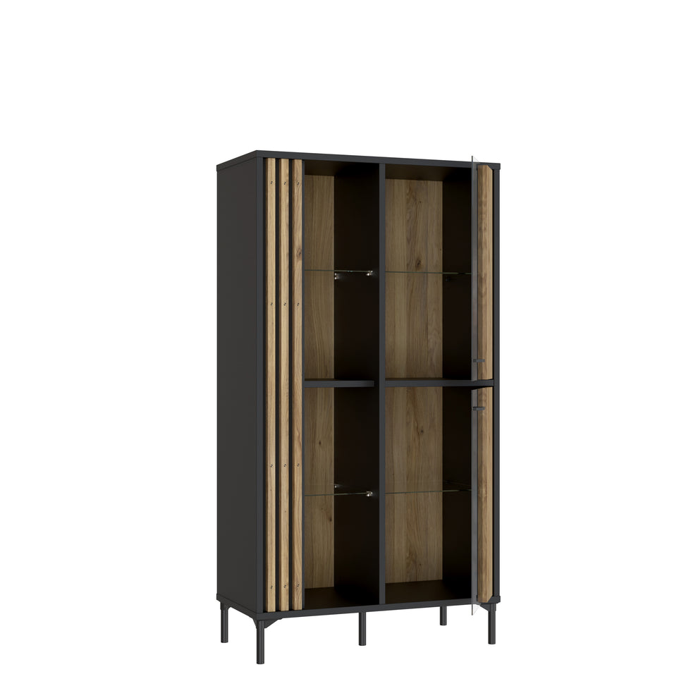 Vitrina Joasa Cu 2 Usi Jeremix, Stejar Mauvella Si Negru Mat, 87 Cm