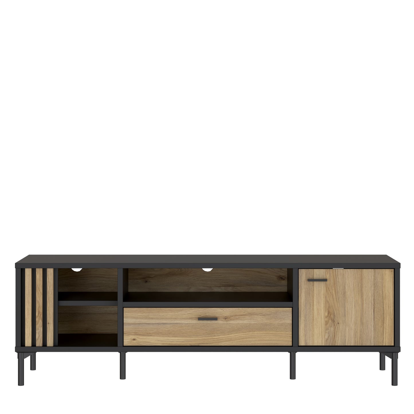 Comoda TV 1 Sertar Si 1 Usa Jeremix, Stejar Mauvella Si Negru Mat, 159.5 Cm