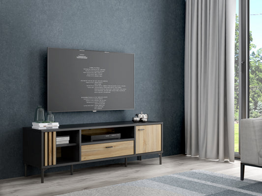 Comoda TV 1 Sertar Si 1 Usa Jeremix, Stejar Mauvella Si Negru Mat, 159.5 Cm