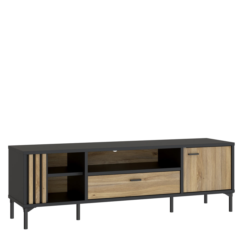 Comoda TV 1 Sertar Si 1 Usa Jeremix, Stejar Mauvella Si Negru Mat, 159.5 Cm