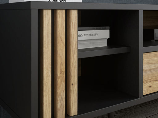 Comoda TV 1 Sertar Si 1 Usa Jeremix, Stejar Mauvella Si Negru Mat, 159.5 Cm