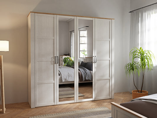 Set Dormitor Blanche, Stejar Riviera Si Zada Deschis, Pat Cu Dimensiune Saltea 180 x 200 Cm, Dulap Cu 4 Usi, Set 2 Noptiere