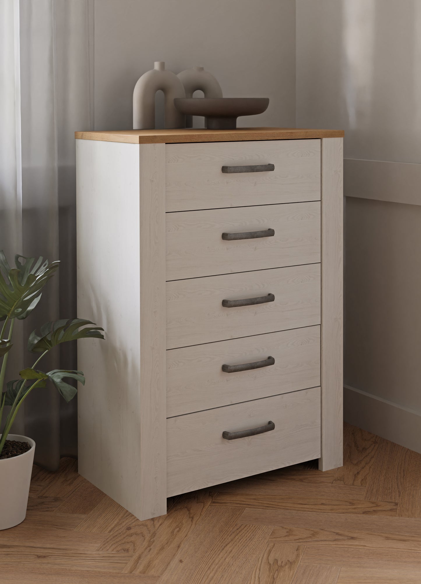 Comoda Cu 5 Sertare Blanche, Stejar Riviera Si Zada Deschis, 71.7 Cm