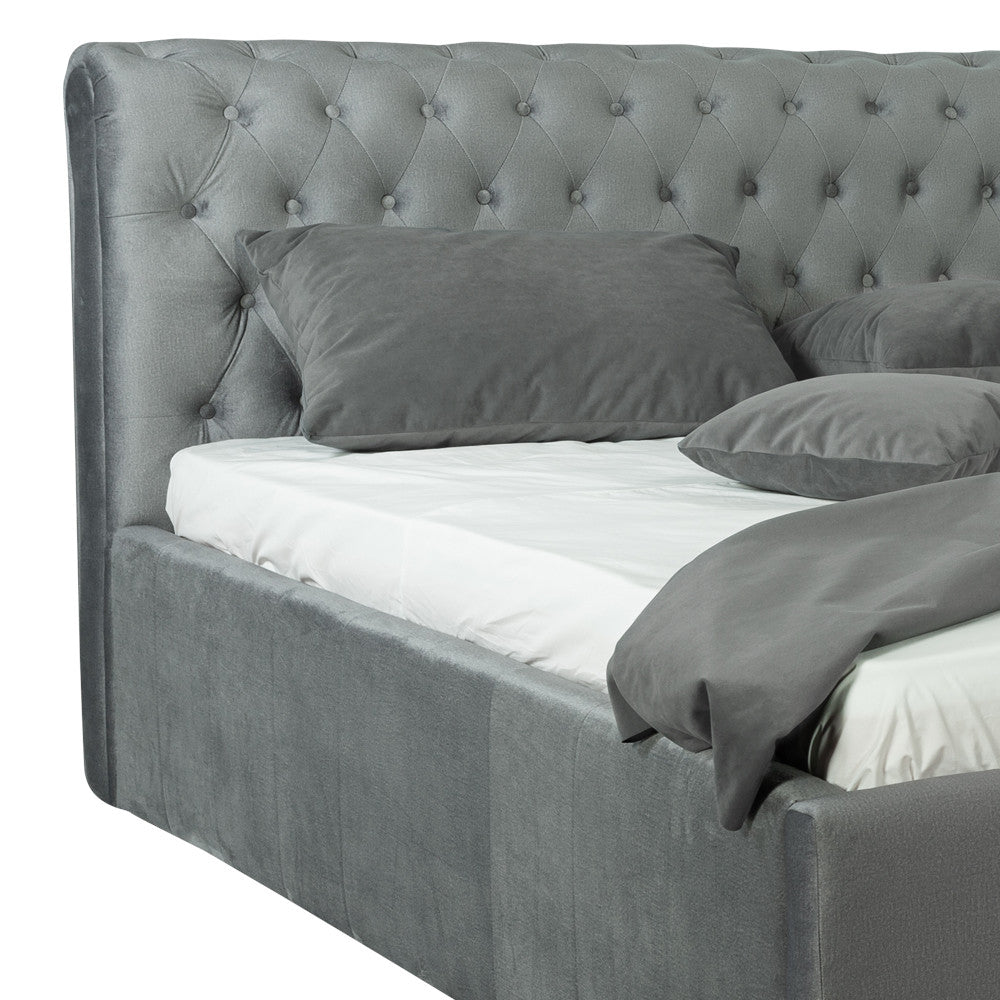 Pat Tapitat Paris, Gri, Dimensiune Saltea 180 x 200 Cm, Cu Somiera Rabatabila