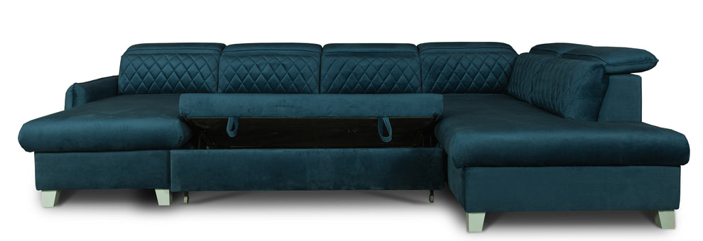 Coltar U Extensibil Tiago, Dreapta, 6 Locuri, Tetiere Reglabile, Albastru 330 Cm