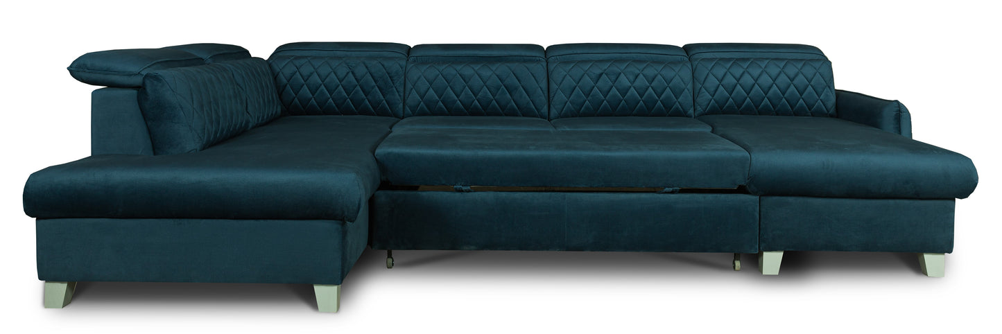 Coltar U Extensibil Tiago, Stanga, 6 Locuri, Tetiere Reglabile, Albastru 330 Cm