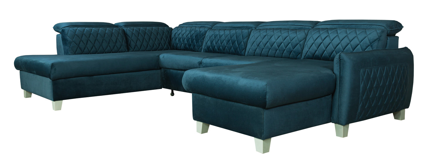 Coltar U Extensibil Tiago Cu Lada, Stanga, 6 Locuri, Tetiere Reglabile, Albastru 330 Cm