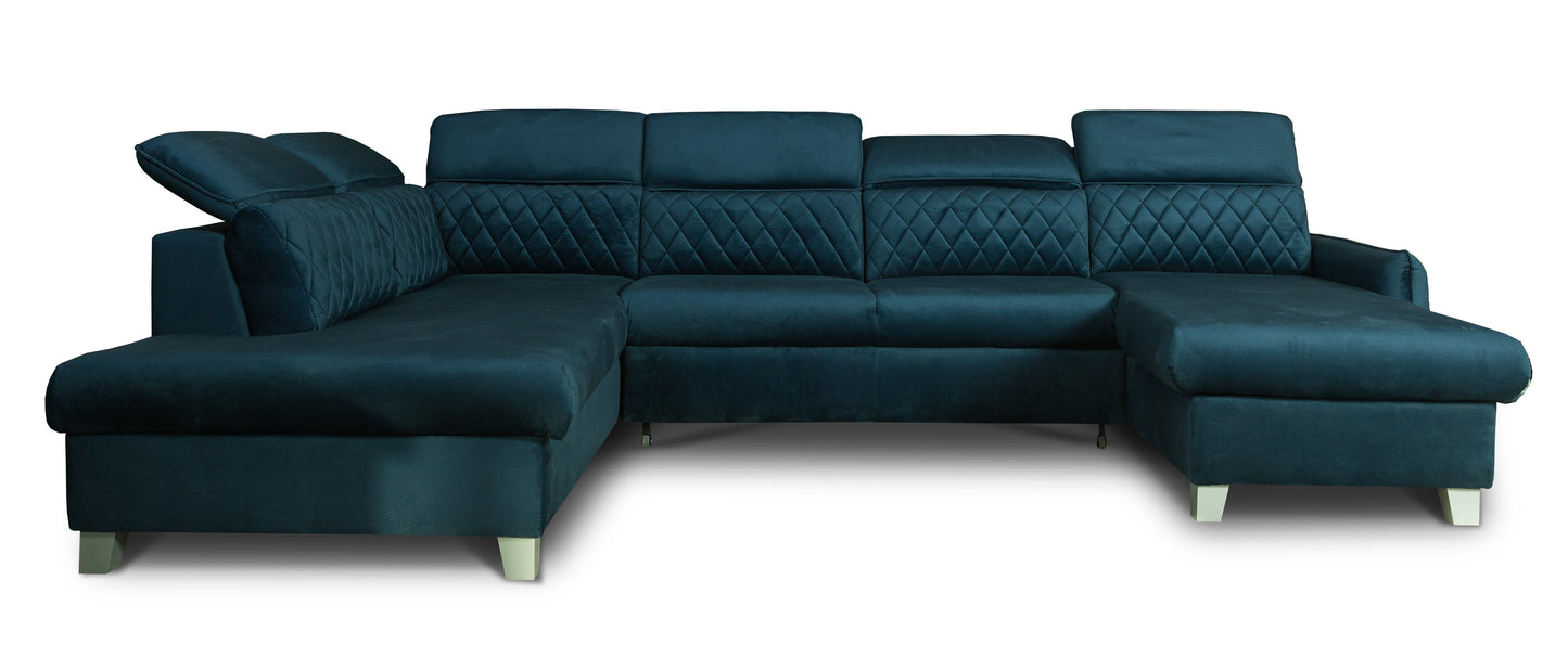 Coltar U Extensibil Tiago Cu Lada, Stanga, 6 Locuri, Tetiere Reglabile, Albastru 330 Cm