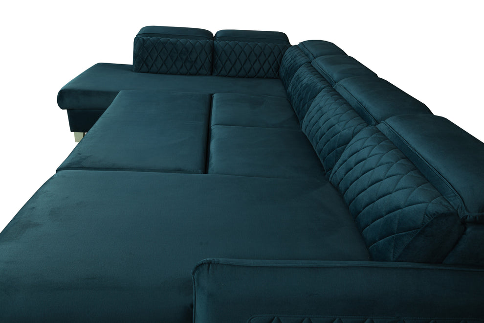 Coltar U Extensibil Tiago Cu Lada, Stanga, 6 Locuri, Tetiere Reglabile, Albastru 330 Cm