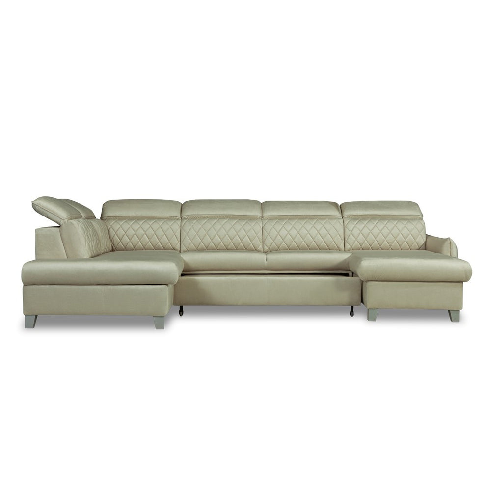 Coltar U Extensibil Tiago, Stanga, 6 Locuri, Tetiere Reglabile, Crem 330 Cm