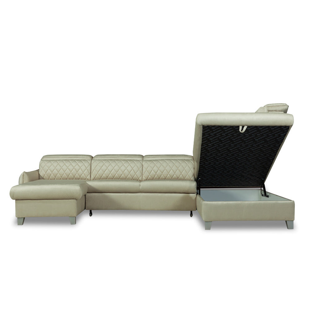 Coltar U Extensibil Cu Lada Tiago, Dreapta, 6 Locuri, Tetiere Reglabile, Crem, 330 Cm