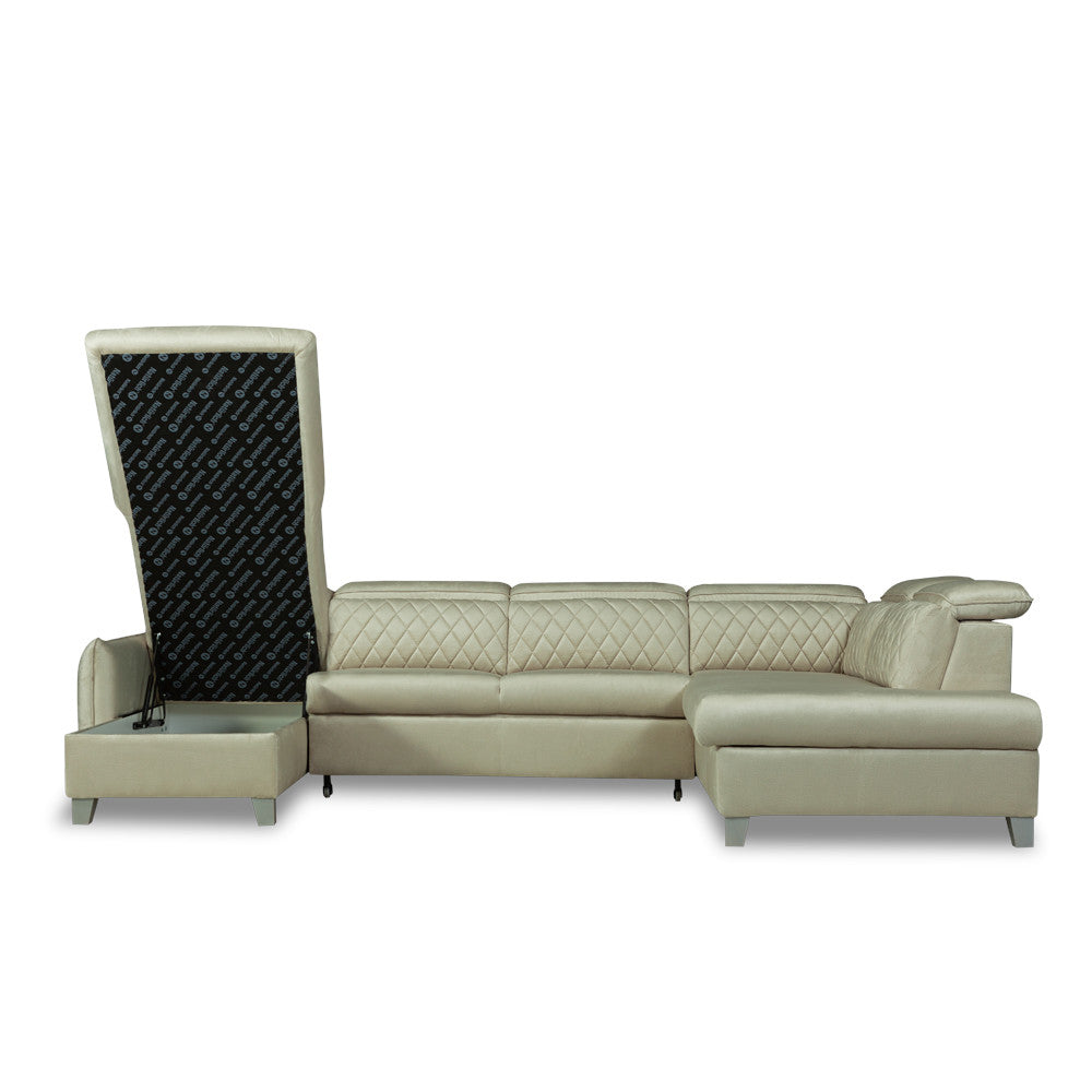 Coltar U Extensibil Cu Lada Tiago, Dreapta, 6 Locuri, Tetiere Reglabile, Crem, 330 Cm
