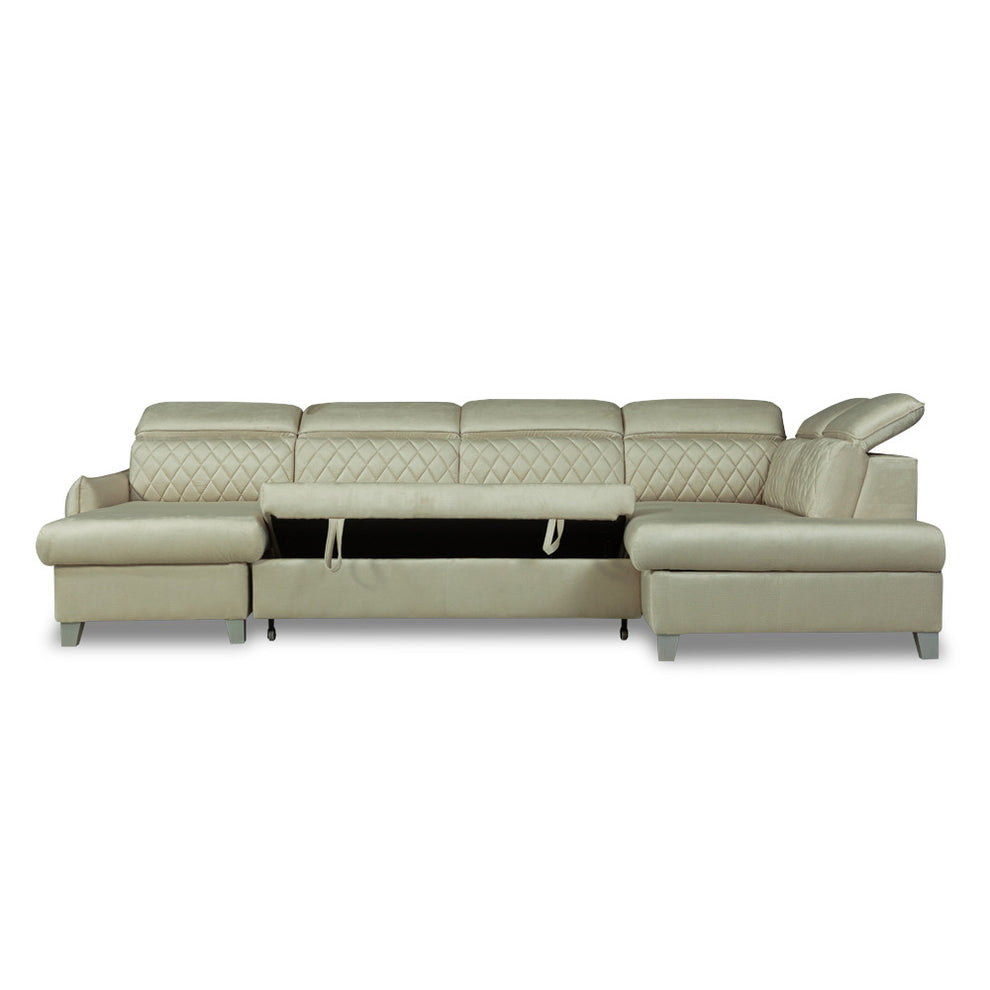 Coltar U Extensibil Cu Lada Tiago, Dreapta, 6 Locuri, Tetiere Reglabile, Crem, 330 Cm
