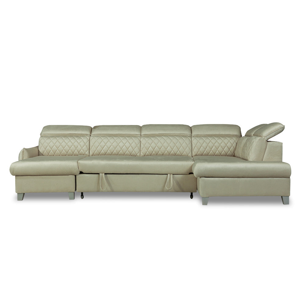 Coltar U Extensibil Cu Lada Tiago, Dreapta, 6 Locuri, Tetiere Reglabile, Crem, 330 Cm