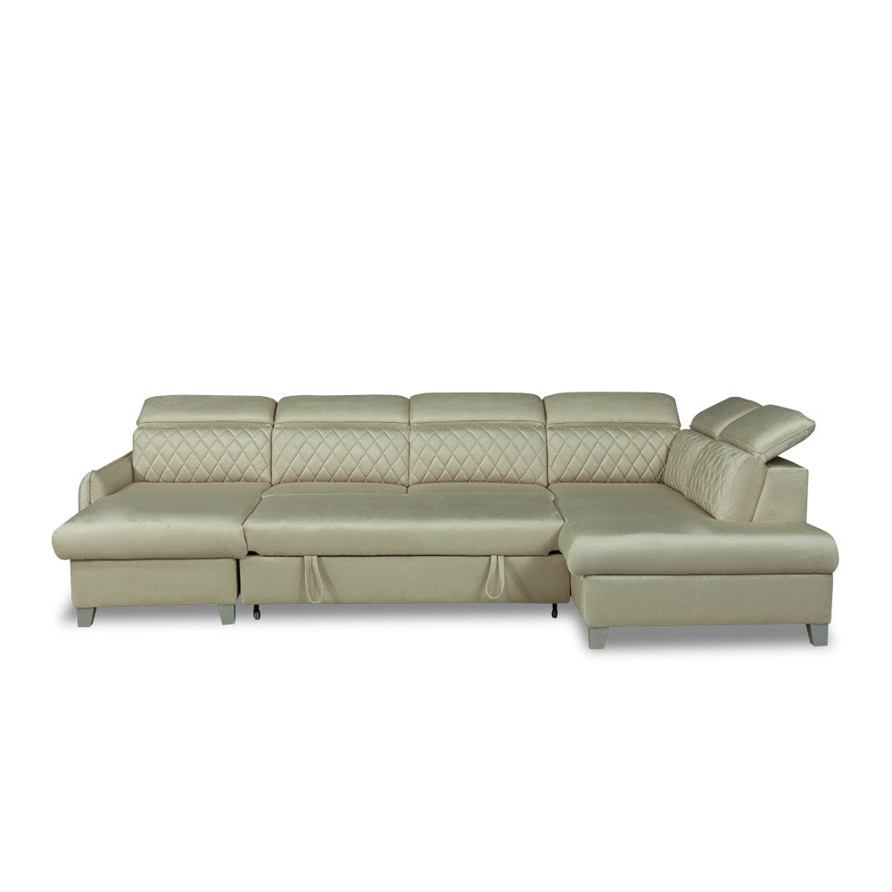 Coltar U Extensibil Cu Lada Tiago, Dreapta, 6 Locuri, Tetiere Reglabile, Crem, 330 Cm
