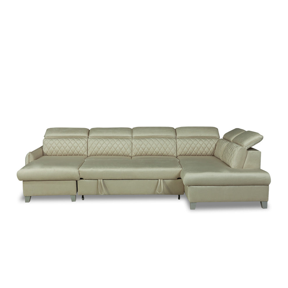Coltar U Extensibil Cu Lada Tiago, Dreapta, 6 Locuri, Tetiere Reglabile, Crem, 330 Cm